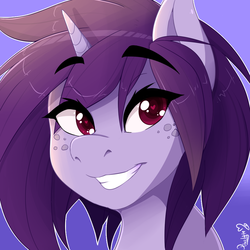 Size: 1000x1000 | Tagged: safe, artist:pixelyte, oc, oc only, pony, unicorn, bust, commission, eye clipping through hair, female, floating eyebrows, freckles, gradient background, heart eyes, looking at you, mare, smiling, solo, wingding eyes