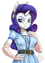 Size: 955x1351 | Tagged: safe, artist:mysticalpha, rarity, unicorn, anthro, g4, breasts, clothes, dress, ear fluff, ear piercing, evening gloves, female, gloves, jewelry, long gloves, looking at you, mare, necklace, piercing, smiling, smirk, solo