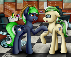 Size: 5000x4000 | Tagged: safe, artist:supermoix, oc, oc:enigma, oc:moonlit ace, earth pony, pegasus, pony, argument, barbershop, duo, glasses, hat, looking at each other, male, similarities, stallion, talking