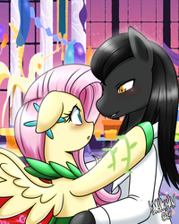Size: 3600x4500 | Tagged: safe, artist:danmakuman, fluttershy, oc, oc:midnight, pony, g4, blushing, canon x oc, clothes, commission, dancing, dress, female, looking at each other, male, mare, stallion, straight