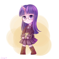 Size: 2000x2000 | Tagged: safe, artist:jeremywithlove, twilight sparkle, human, g4, book, boots, clothes, cute, cutie mark eyes, female, glasses, high res, horn, horned humanization, humanized, meganekko, nerd, pleated skirt, shoes, simple background, skirt, smiling, solo, twiabetes, uniform, white background, wingding eyes