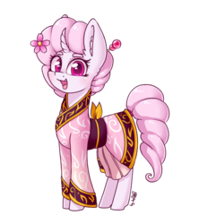 Size: 1600x1800 | Tagged: safe, artist:dsp2003, oc, oc only, oc:sakuragi-san, pony, unicorn, 2019 community collab, derpibooru community collaboration, blushing, clothes, curved horn, cute, female, flower, flower in hair, horn, looking at you, mare, open mouth, signature, simple background, solo, standing, transparent background, updated, vaguely asian robe
