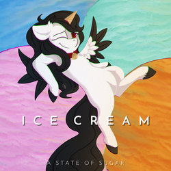 Size: 1200x1200 | Tagged: safe, artist:obscuredragone, oc, oc only, oc:princess sugar, alicorn, horse, pony, a state of sugar, album cover, alicorn oc, belly, black mane, choker, chromatic aberration, fluffy, food, happy, hooves, ice cream, ice cream cone, minimalist, modern art, one eye closed, red eyes, smiling, solo, tail, text, wafflecorn, wings, wink
