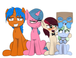 Size: 1517x1163 | Tagged: safe, artist:plinko, derpibooru exclusive, oc, oc:appleale, oc:box-filly, oc:eissen, oc:optica, oc:sweetwater, earth pony, pegasus, pony, unicorn, 2019 community collab, derpibooru community collaboration, bowtie, box, female, filly, glasses, goggles, group photo, male, mare, pose, simple background, sitting, stallion, transparent background