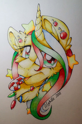 Size: 2120x3191 | Tagged: safe, artist:mychelle, oc, oc only, oc:deck the halls, pony, unicorn, bust, candy, candy cane, female, food, high res, mare, portrait, solo, traditional art