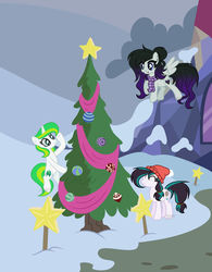 Size: 1024x1310 | Tagged: safe, artist:misskitkat2002, oc, oc only, oc:dream catcher, oc:elijah, oc:emerald, earth pony, pegasus, pony, unicorn, christmas, christmas tree, clothes, female, holiday, mare, scarf, snow, tree