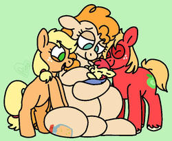 Size: 799x655 | Tagged: safe, artist:sandwichbuns, apple bloom, applejack, big macintosh, granny smith, pear butter, earth pony, pony, g4, apple family, baby, baby apple bloom, baby pony, cute, female, filly, filly applejack, freckles, green background, happy, male, mother and child, mother and daughter, mother and son, simple background, teenage big macintosh, teenager, weapons-grade cute, younger