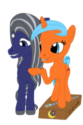 Size: 1280x1920 | Tagged: safe, artist:moon flower, derpibooru exclusive, oc, oc only, oc:misty cloud, oc:moon flower, earth pony, pony, unicorn, 2018, ambiguous gender, anxious, box, coat markings, community related, duo, encouraging, facial markings, female, looking at someone, looking down, nervous, raised foreleg, raised hoof, raised leg, scared, simple background, smiling, standing, star (coat marking), transparent background, wiping