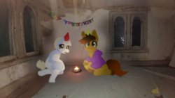 Size: 1280x720 | Tagged: safe, artist:nootaz, oc, oc only, oc:nootaz, oc:twitchyylive, pony, unicorn, birthday cake, cake, clothes, commission, cursed, cursed image, duo, food, fursuit, happy birthday, hat, hoodie, irl, looking at you, male, party hat, photo, ponies in real life, stallion, unshorn fetlocks