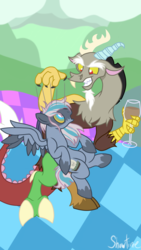 Size: 1080x1920 | Tagged: safe, artist:showtimeandcoal, discord, oc, oc:littchie, draconequus, pegasus, pony, g4, bad end, chaos, chocolate, chocolate milk, commission, digital art, discorded, discorded landscape, floating, food, hypnosis, hypnotized, kaa eyes, marionette, milk, ponysona, puppet, strings, ych result