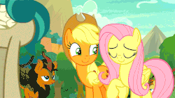 Size: 854x480 | Tagged: safe, edit, edited screencap, screencap, applejack, autumn afternoon, fluttershy, maple brown, pumpkin smoke, rain shine, sparkling brook, earth pony, kirin, pegasus, pony, g4, season 8, sounds of silence, animated, balloon, creepy, crossover, doctor who, female, gif, head tilt, human nature, male, mare, nervous smile, smiling, the family of blood