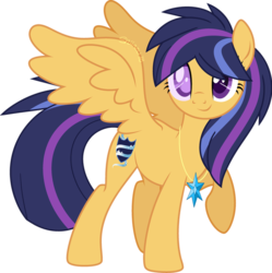 Size: 600x603 | Tagged: safe, artist:traveleraoi, oc, oc only, oc:nova star sparkle, pegasus, pony, base used, blind, colored pupils, cutie mark, element of magic, female, jewelry, looking at you, necklace, next generation, offspring, parent:flash sentry, parent:twilight sparkle, parents:flashlight, raised hoof, signature, simple background, smiling, solo, transparent background, wings