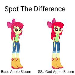 Size: 1467x1467 | Tagged: safe, artist:csureshx2004, color edit, edit, apple bloom, equestria girls, g4, apple bloom's bow, bow, colored, comparison, green shirt, hair bow, hair color edit, smiling, spot the difference, super saiyan god