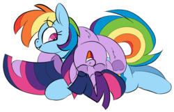 Size: 2233x1435 | Tagged: safe, artist:taaffeiite, derpibooru exclusive, rainbow dash, twilight sparkle, alicorn, pegasus, pony, g4, colored sketch, couple, cute, cutie mark, female, lesbian, looking back, lying down, open mouth, prone, ship:twidash, shipping, simple background, sketch, smiling, twilight sparkle (alicorn), underhoof, upside down, white background
