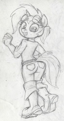 Size: 674x1272 | Tagged: safe, artist:dertikleen, oc, oc only, oc:golden gear, unicorn, anthro, plantigrade anthro, ass, boots, butt, looking back, monochrome, shoes, solo, traditional art