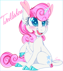 Size: 670x754 | Tagged: safe, artist:esmeia, twinkleshine, classical unicorn, pony, unicorn, g4, blushing, cloven hooves, cute, female, horn, leonine tail, mare, smiling, solo, unshorn fetlocks