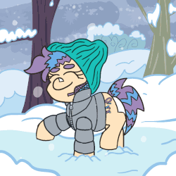 Size: 1100x1100 | Tagged: safe, artist:threetwotwo32232, oc, oc only, oc:shoelace, earth pony, pony, gif, happy, non-animated gif, smiling, snow, solo