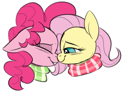 Size: 1869x1413 | Tagged: safe, artist:taaffeiite, derpibooru exclusive, fluttershy, pinkie pie, earth pony, pegasus, pony, g4, blushing, bust, clothes, colored sketch, couple, cute, female, floppy ears, lesbian, nuzzling, profile, scarf, ship:flutterpie, shipping, simple background, sketch, smiling, white background