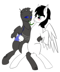 Size: 1000x1200 | Tagged: safe, artist:hellsmenser, oc, oc only, oc:aztek white, oc:kaizer, changeling, pegasus, pony, 2019 community collab, derpibooru community collaboration, blue changeling, blushing, changeling oc, gay, long tongue, male, open mouth, shipping, simple background, sitting, tongue out, transparent background