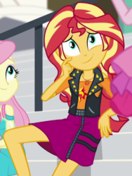Size: 385x511 | Tagged: safe, screencap, fluttershy, sunset shimmer, equestria girls, g4, my little pony equestria girls: better together, text support, cropped, female