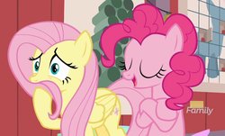 Size: 1200x725 | Tagged: safe, screencap, fluttershy, pinkie pie, earth pony, pegasus, pony, g4, hearth's warming shorts, my little pony best gift ever, the great escape room, covering mouth, crossed hooves, duo, duo female, female