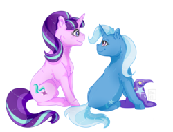 Size: 1700x1300 | Tagged: safe, artist:ali-selle, starlight glimmer, trixie, pony, unicorn, g4, looking at each other, sitting, smiling