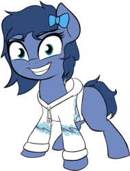 Size: 2147x2830 | Tagged: safe, artist:wenni, derpibooru exclusive, oc, oc only, oc:whinny, pony, 2019 community collab, derpibooru community collaboration, bow, clothes, evil grin, female, grin, hair bow, high res, hoodie, mare, simple background, smiling, solo, solo jazz, transparent background