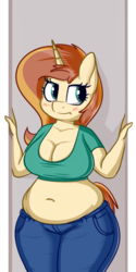 Size: 750x1500 | Tagged: safe, artist:andelai, oc, oc only, oc:celice, unicorn, anthro, anthro oc, belly button, blushing, breasts, chubby, cleavage, clothes, fat, female, jeans, mare, muffin top, pants, simple background, solo, tank top, unamused