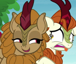 Size: 472x400 | Tagged: safe, edit, edited screencap, editor:ah96, screencap, autumn blaze, fern flare, kirin, g4, sounds of silence, cropped, dilated pupils, disgusted, do not want, empty eyes, female, frown, open mouth, raised hoof, smiling, smirk, smug, tongue out, wide eyes