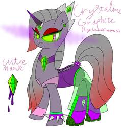Size: 1175x1240 | Tagged: safe, artist:nightmarerara, oc, oc only, oc:crystaline graphite, pony, unicorn, boots, choker, clothes, corset, crown, crystal, ear piercing, earring, eyeshadow, female, glowing eyes, horn, horn ring, jewelry, makeup, mare, next generation, offspring, parent:king sombra, parent:limestone pie, piercing, regalia, see-through, shoes, simple background, skirt, solo, sombra eyes, spiked wristband, white background, wristband