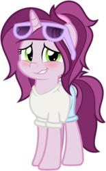 Size: 3000x4835 | Tagged: safe, artist:esfelt, artist:pirill, oc, oc only, oc:lilac prose, pony, unicorn, 2019 community collab, derpibooru community collaboration, blushing, clothes, collaboration, female, high res, pants, shirt, show accurate, simple background, solo, sunglasses, transparent background, vector