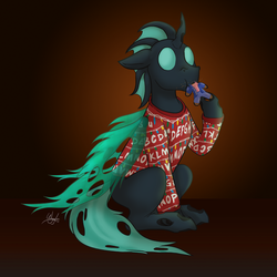 Size: 1200x1200 | Tagged: safe, artist:wiggles, oc, oc only, oc:chelicera, changeling, pony, changeling oc, christmas, christmas changeling, christmas sweater, clothes, gingerbread man, green changeling, holiday, male, solo, stranger things, sweater