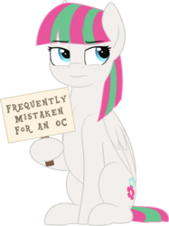 Size: 2646x3544 | Tagged: safe, artist:zippysqrl, blossomforth, oc, oc only, oc:blossomforth, pegasus, pony, 2019 community collab, derpibooru community collaboration, g4, annoyed, female, high res, holding a sign, hoof hold, mare, mistaken identity, not an oc, sign, simple background, sitting, solo, text, transparent background