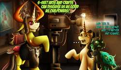 Size: 1250x725 | Tagged: safe, artist:jamescorck, thorax, oc, oc:chelicera, oc:movie slate, changedling, changeling, mimic, g4, ..., changeling oc, clothes, costume, creepy mask, green changeling, king thorax, mask, movie, movie review, paper-thin disguise, the shape of water, unicorn oc