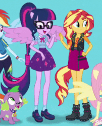 Size: 376x466 | Tagged: safe, screencap, fluttershy, rainbow dash, sci-twi, spike, spike the regular dog, sunset shimmer, twilight sparkle, dog, equestria girls, g4, my little pony equestria girls: better together, animated, clothes, converse, female, geode of empathy, geode of super speed, geode of telekinesis, gif, intro, magical geodes, male, ponied up, sci-twilicorn, shoes, sneakers, touch