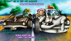 Size: 1250x725 | Tagged: safe, artist:jamescorck, lightning dust, rainbow dash, scootaloo, oc, oc:movie slate, g4, car, death proof, dodge challenger, dodge charger, movie, movie review