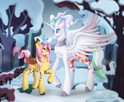 Size: 2744x2253 | Tagged: safe, artist:mailner, fluttershy, princess celestia, pikachu, pony, reshiram, g4, blushing, colored wings, couple, crossover, cute, forest, fusion, high res, holiday, hooves, horn, pokémon, redesign, smiling, unshorn fetlocks, wings, winter