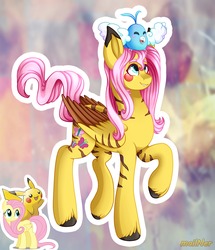 Size: 1261x1469 | Tagged: safe, artist:mailner, fluttershy, pikachu, pony, g4, colored wings, crossover, female, fusion, hooves, pokémon, redesign, simple background, smiling, solo, unshorn fetlocks
