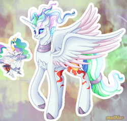 Size: 2072x1967 | Tagged: safe, artist:mailner, princess celestia, oc, alicorn, pony, reshiram, g4, alicorn oc, blushing, colored hooves, colored wings, crossover, cute, cutie mark, female, fusion, peytral, pokémon, redesign, simple background, smiling, solo