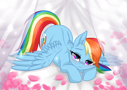 Size: 3465x2454 | Tagged: safe, alternate character, alternate version, artist:rioshi, artist:sparkling_light base, artist:starshade, rainbow dash, pegasus, pony, g4, ass up, bed, bedroom eyes, blushing, cute, cutie mark, dashabetes, female, flower petals, high res, looking at you, mare, sexy, solo, stupid sexy rainbow dash, wing fluff, wings, ych result