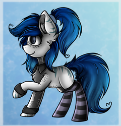 Size: 1426x1486 | Tagged: safe, artist:deraniel, oc, oc only, oc:mystic harmony, hybrid, pony, zony, adoptable, adopted, adopted oc, auction, bushy tail, clothes, coat markings, collar, cuffs, dark belly, ear fluff, ear markings, female, freckles, hair tie, ponytail, reverse countershading, roan, socks, solo, striped socks, stripes