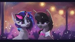 Size: 1920x1080 | Tagged: safe, artist:hierozaki, dj pon-3, octavia melody, vinyl scratch, earth pony, pony, unicorn, g4, bowtie, duo, duo female, female, horn, letterboxing, mare, octavia's bowtie, one eye closed, open mouth, vinyl's glasses