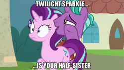 Size: 960x540 | Tagged: safe, edit, edited screencap, screencap, firelight, starlight glimmer, pony, unicorn, g4, the parent map, caption, duo, father and daughter, female, image macro, implied adultery, implied twilight sparkle, male, mare, meme, stallion, text, whispering