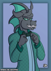 Size: 1024x1408 | Tagged: safe, artist:sketchybug, oc, oc only, oc:chelicera, changeling, anthro, bowtie, clothes, green changeling, grin, smiling, solo, suit