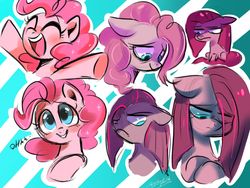 Size: 1600x1200 | Tagged: safe, artist:oofycolorful, pinkie pie, earth pony, pony, g4, bust, eye clipping through hair, eyes closed, female, mare, multeity, open mouth, pinkamena diane pie, portrait, solo