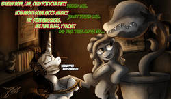 Size: 1174x681 | Tagged: safe, artist:jamescorck, tree hugger, oc, oc:movie slate, earth pony, pony, unicorn, g4, audrey 2, bound and gagged, descriptive noise, female, horse noises, little shop of horrors, mare, movie, movie review