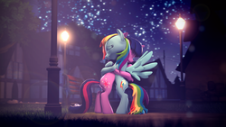 Size: 3840x2160 | Tagged: safe, artist:psfmer, rainbow dash, twilight sparkle, pegasus, pony, unicorn, fanfic:a bluebird's song, g4, 3d, bench, duo, duo female, eyes closed, fanfic art, female, grass, high res, hug, lamppost, lens flare, lesbian, mare, night, outdoors, ponyville, ship:twidash, shipping, sky, source filmmaker, spread wings, stars, wings