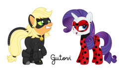 Size: 4744x2668 | Tagged: safe, artist:gutovi, applejack, rarity, earth pony, pony, unicorn, g4, applecat, bodysuit, chat noir, clothes, cosplay, costume, crossover, cute, ear piercing, earring, female, jackabetes, jewelry, ladybug (miraculous ladybug), ladynoir, lesbian, mare, mask, miraculous ladybug, piercing, raribetes, ship:rarijack, shipping, show accurate, simple background, transparent background
