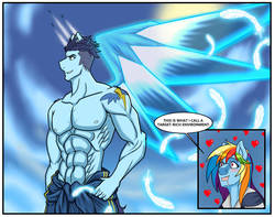 Size: 1280x1008 | Tagged: safe, artist:nwinter3, rainbow dash, soarin', anthro, g4, abs, alternative cutie mark placement, biceps, clothes, deltoids, drool, feather, female, male, male focus, mare, muscles, one winged pegasus, partial nudity, pecs, ship:soarindash, shipping, shoulder cutie mark, sidemouth, soaripped, solo focus, stallion, straight, topless, wings