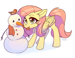 Size: 2048x1590 | Tagged: safe, artist:fensu-san, fluttershy, bird, pegasus, pony, g4, carrot, clothes, cute, female, folded wings, food, mare, mouth hold, scarf, shyabetes, simple background, snow, snowman, solo, three quarter view, white background, wings